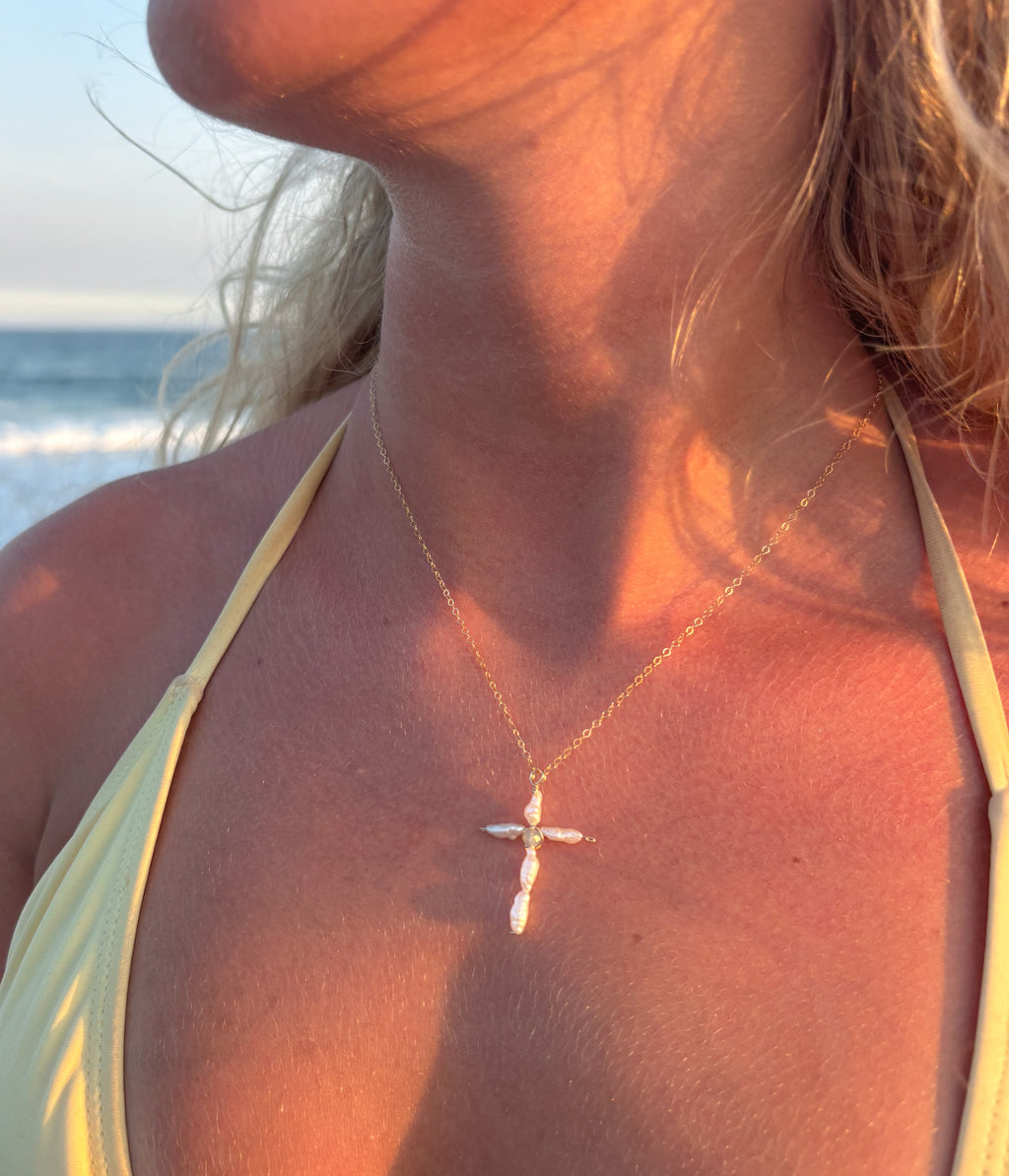 Dainty Pearl Cross Necklace | Gold-Filled
