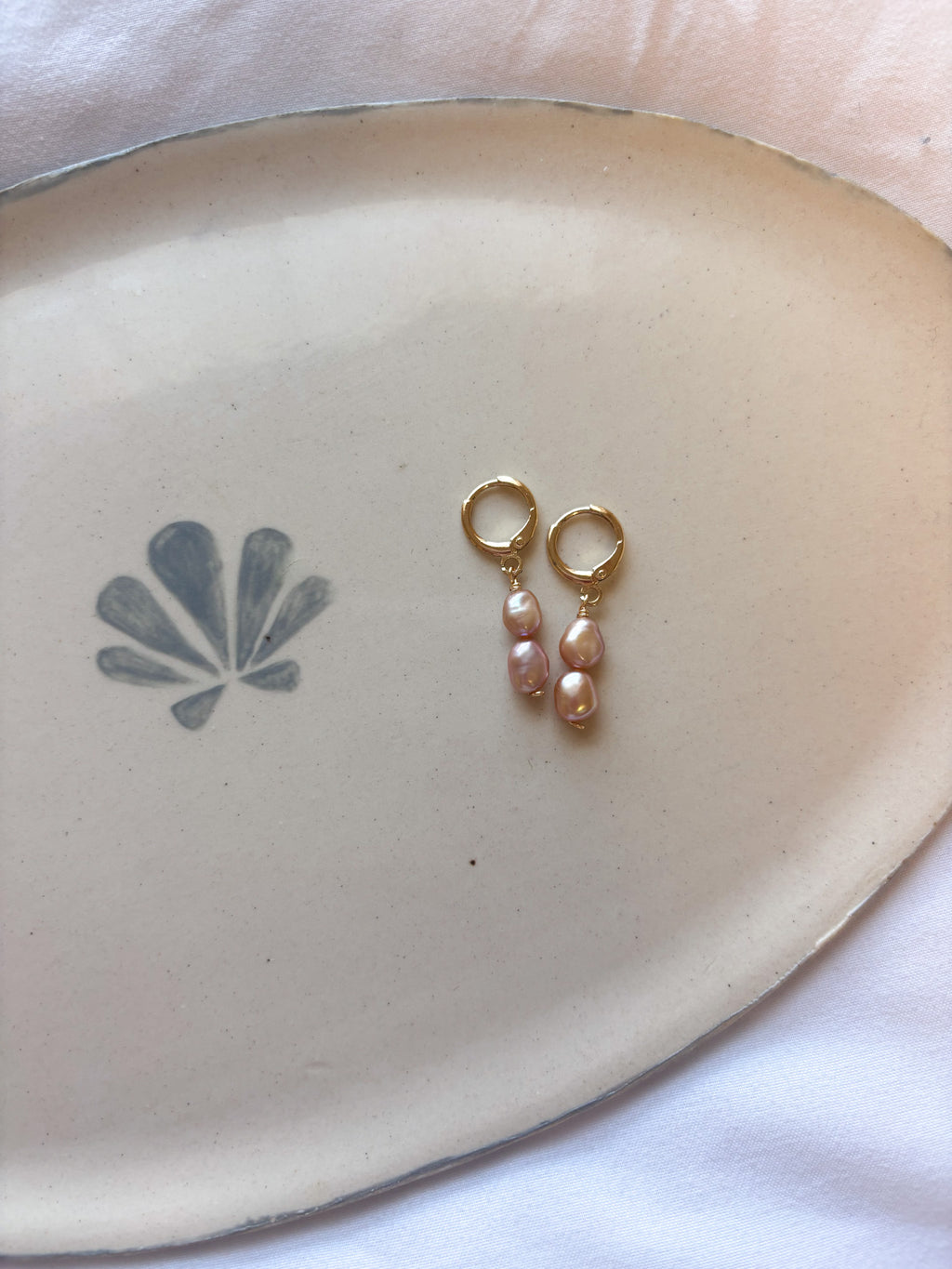 Rosetta Coast Pearl Earrings handcrafted handmade jewelry detail showing freshwater pearl huggie hoop beach jewelry design