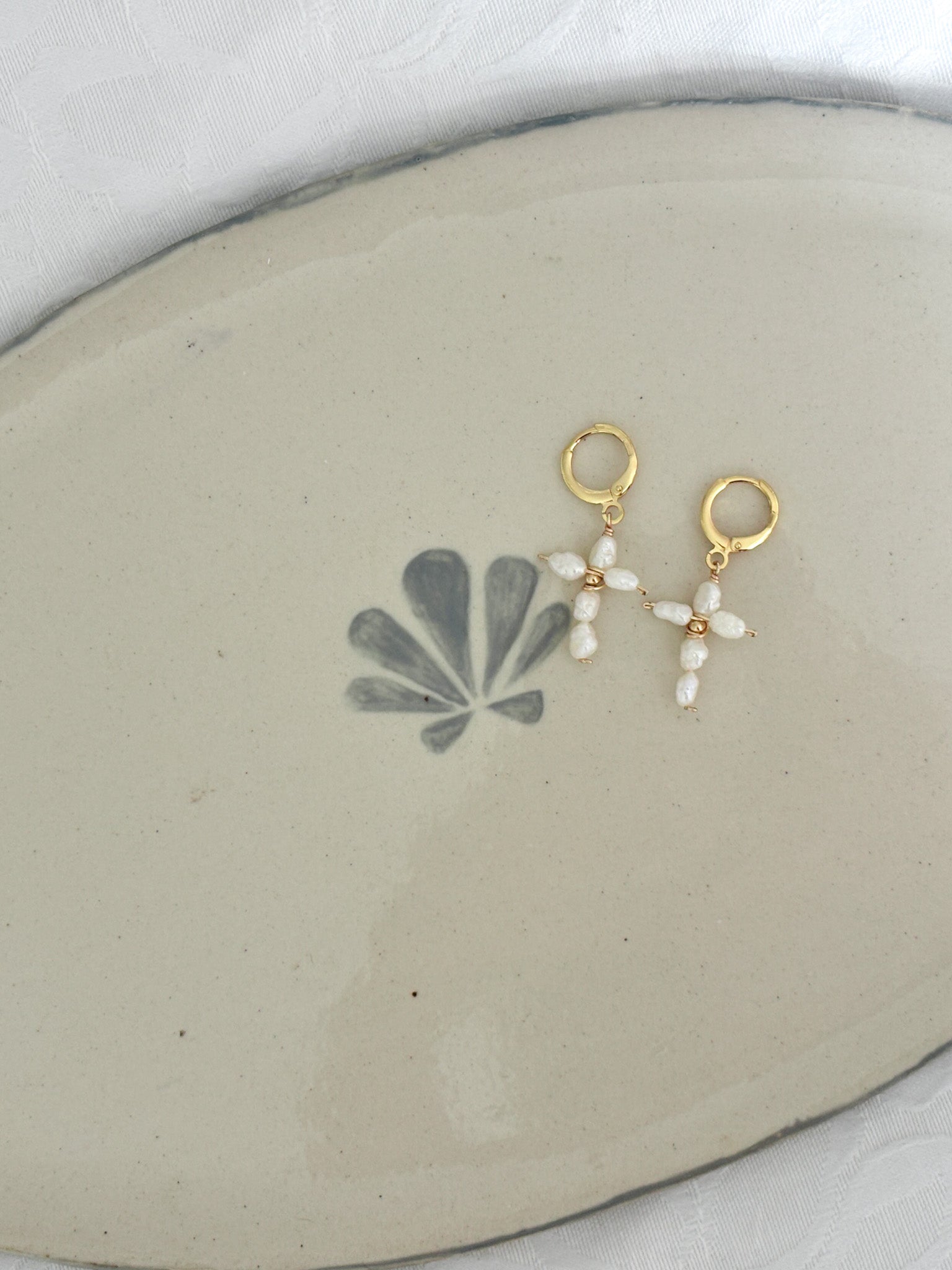 Mini Gold Pearl Cross Earrings