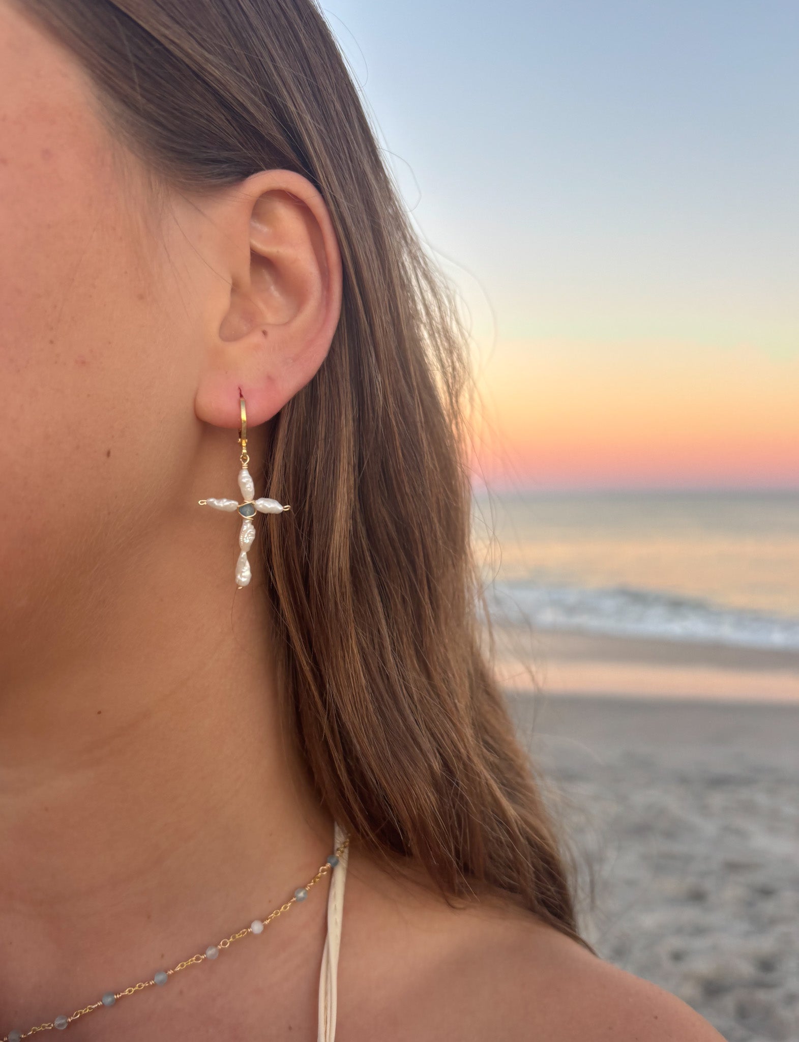 Dainty Pearl Cross Earrings beach jewelry with gold huggie hoops and pearl cross design