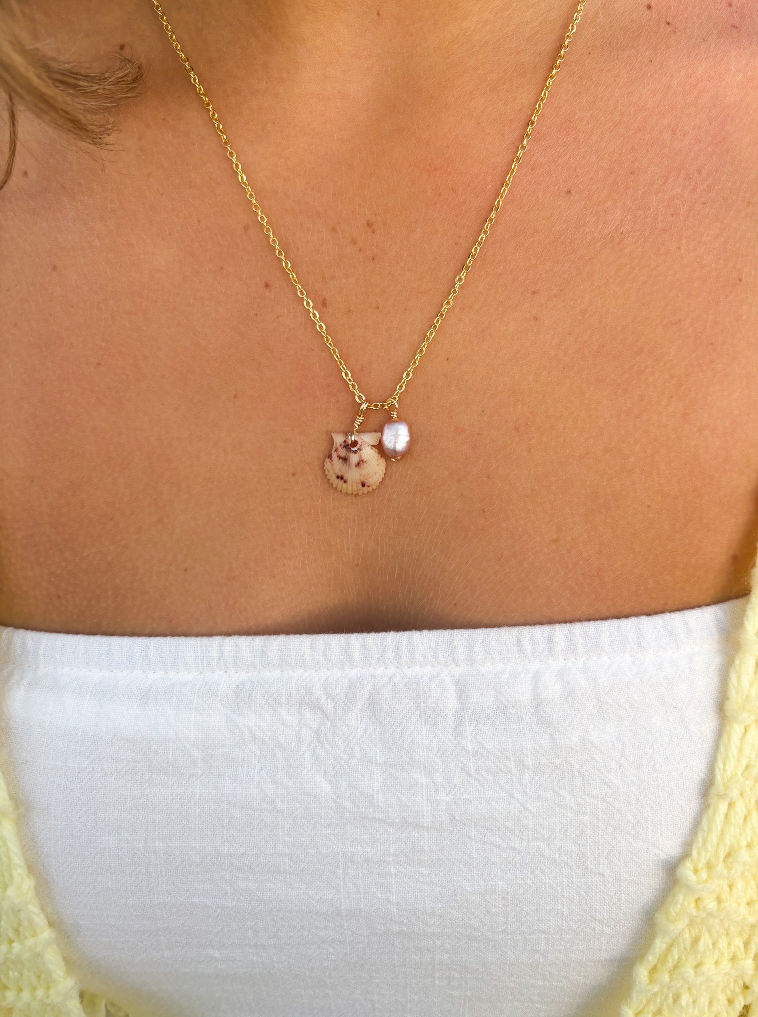 Blush Harbor Shell Necklace beach jewelry with calico scallop shell and freshwater pearl charm on gold chain