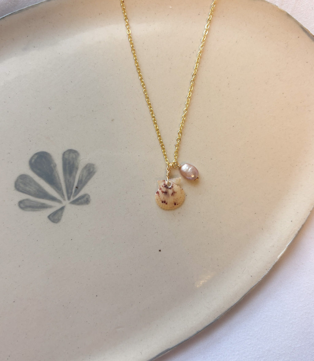 Blush Harbor Shell Necklace handmade jewelry featuring calico scallop shell and pink pearl beach jewelry design.