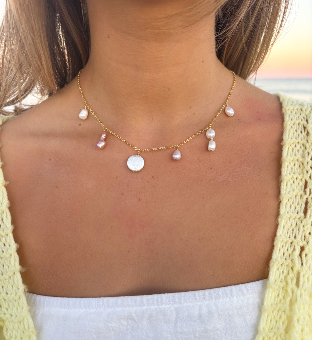 Isla Pearl Necklace handmade jewelry with white and blush freshwater pearl beads on gold chain