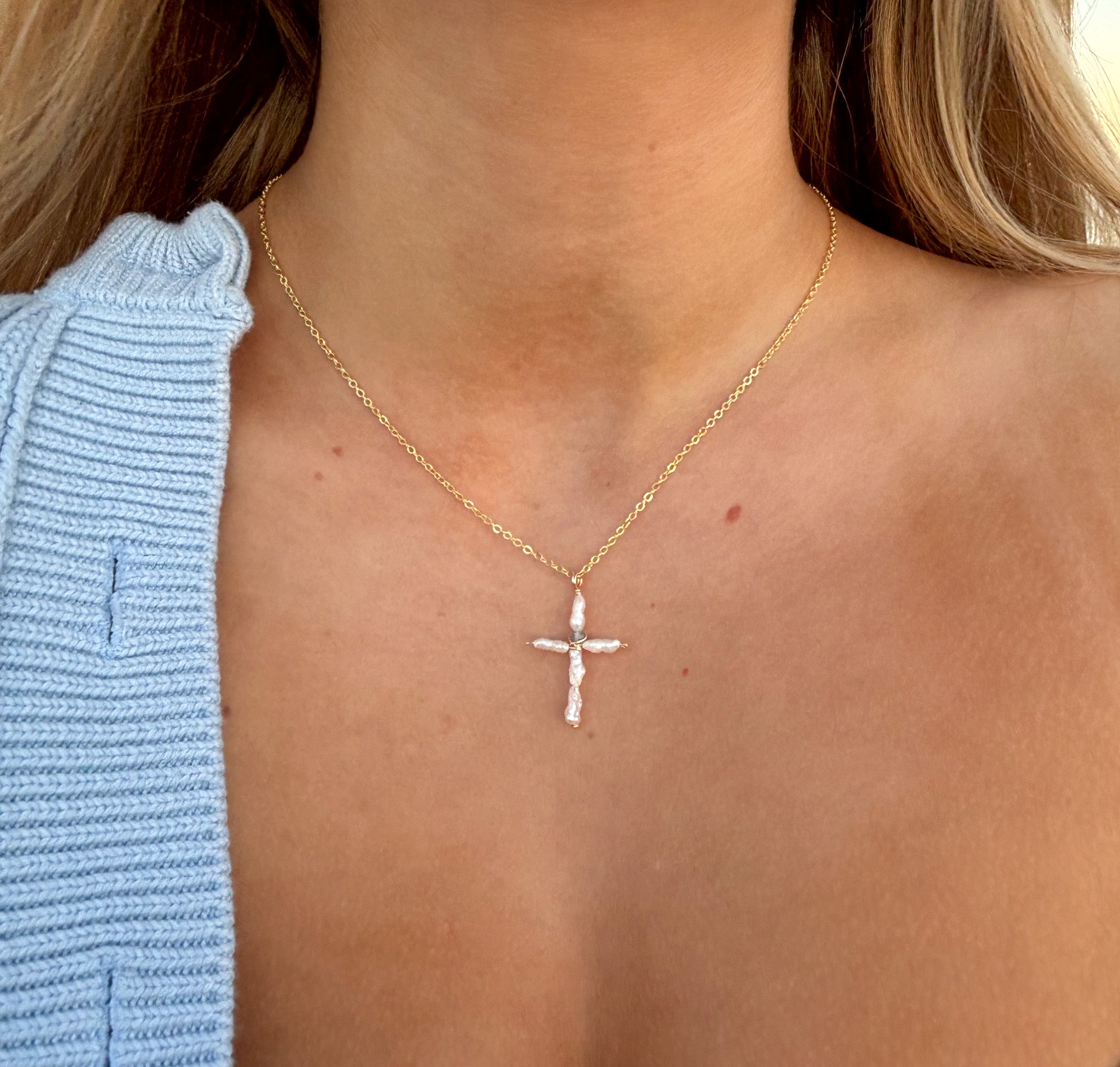 Dainty Pearl Cross Necklace beach jewelry with freshwater pearl cross and gold chain