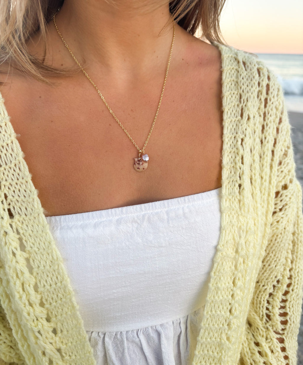 Blush Harbor Shell Necklace handcrafted handmade jewelry worn at the beach with real scallop shell charm